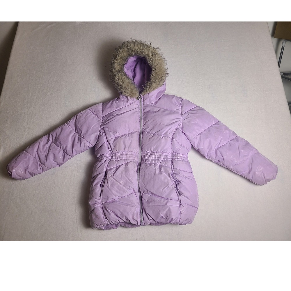S. Rothschild Puffer Jacket Girls 6X Purple Faux Fur Hood Snowflake Print